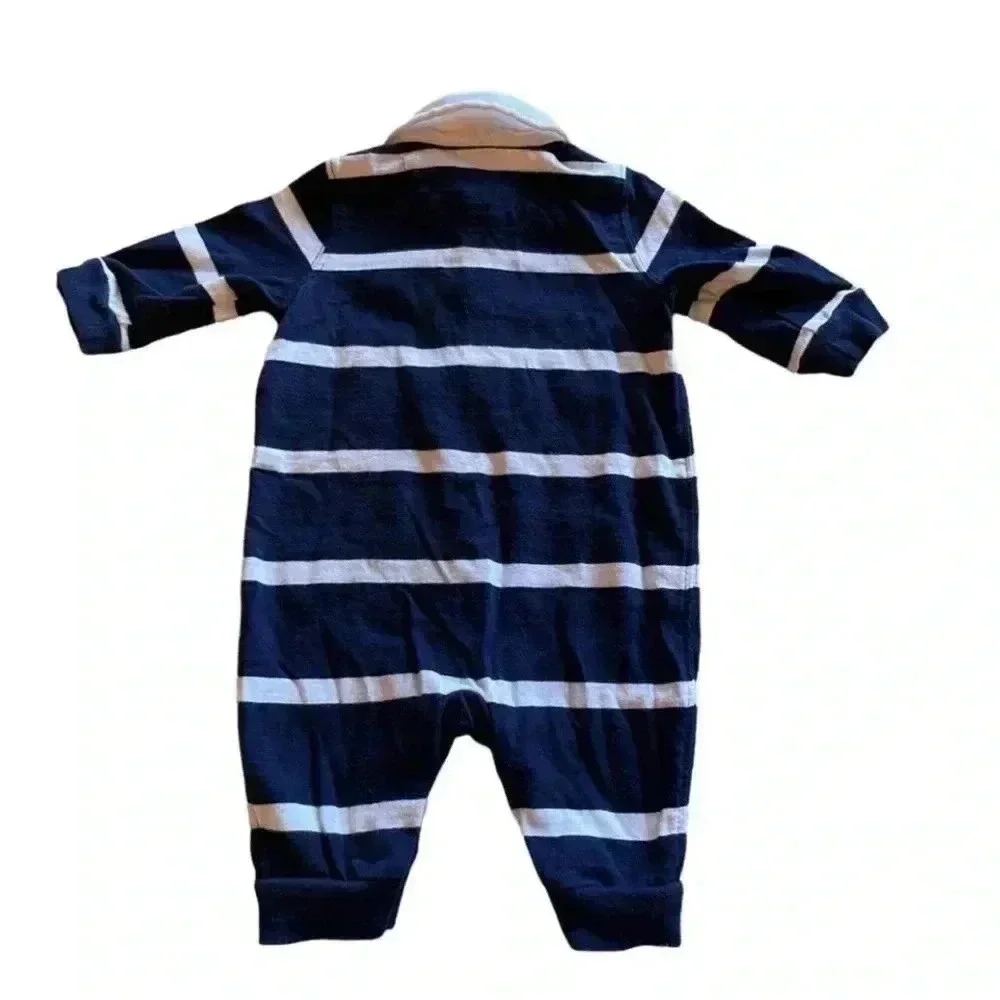 Ralph Lauren Navy/ White Stripes Baby Rugby Coverall SZ 3 mo